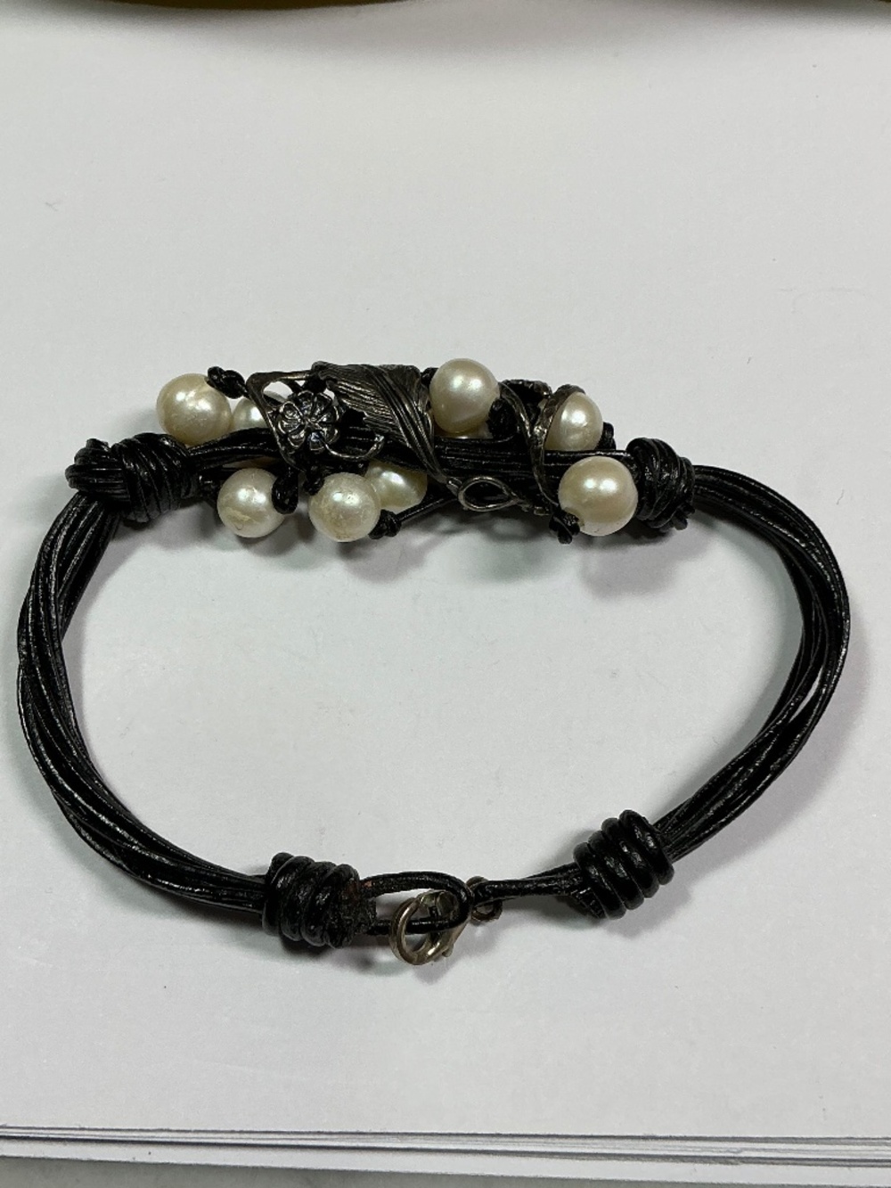 Sterling Silver Wrapped Leaves & Leather Bracelet W/ Faux Pearls. 8 inches long